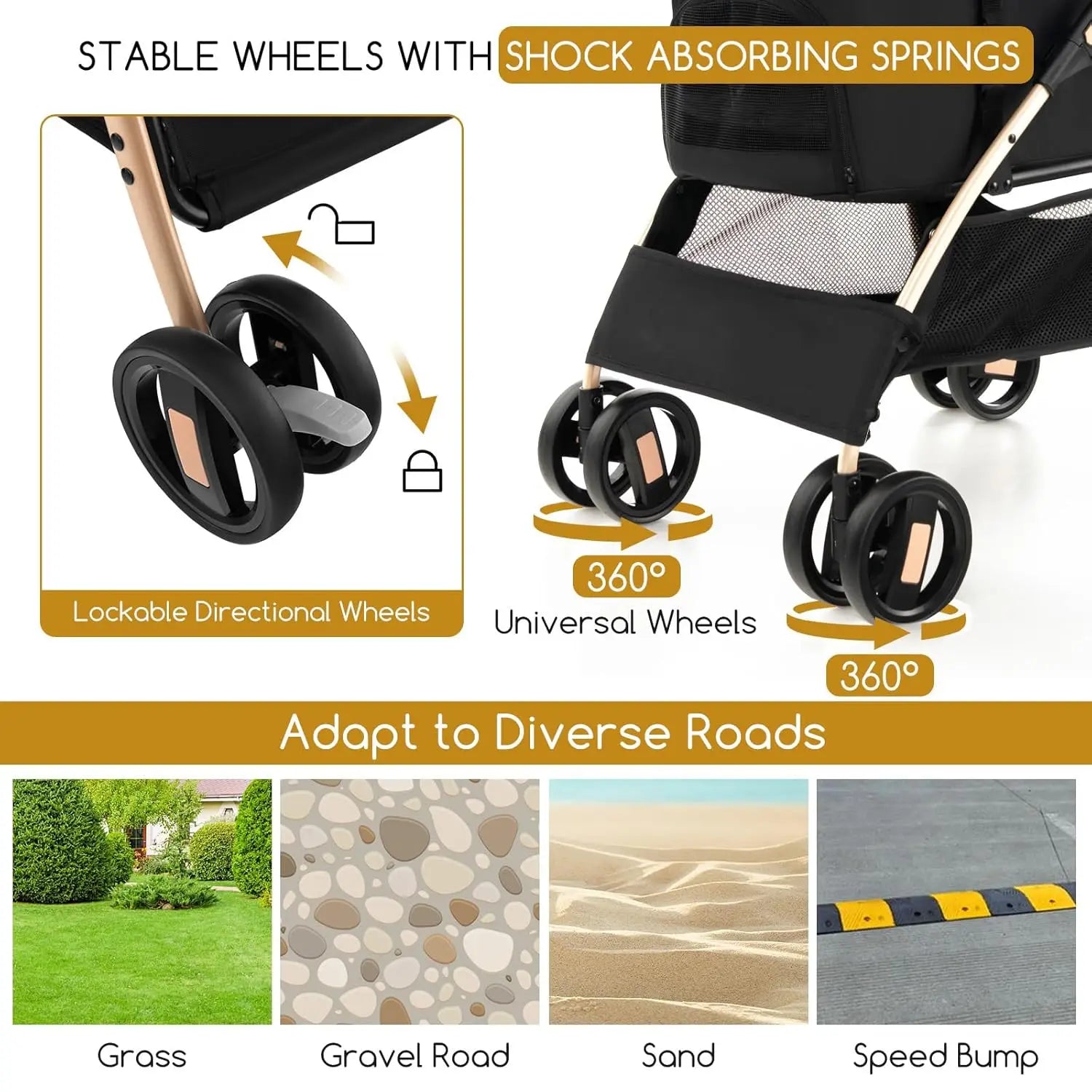 Pet Stroller Black/Rose/Gold, Detachable