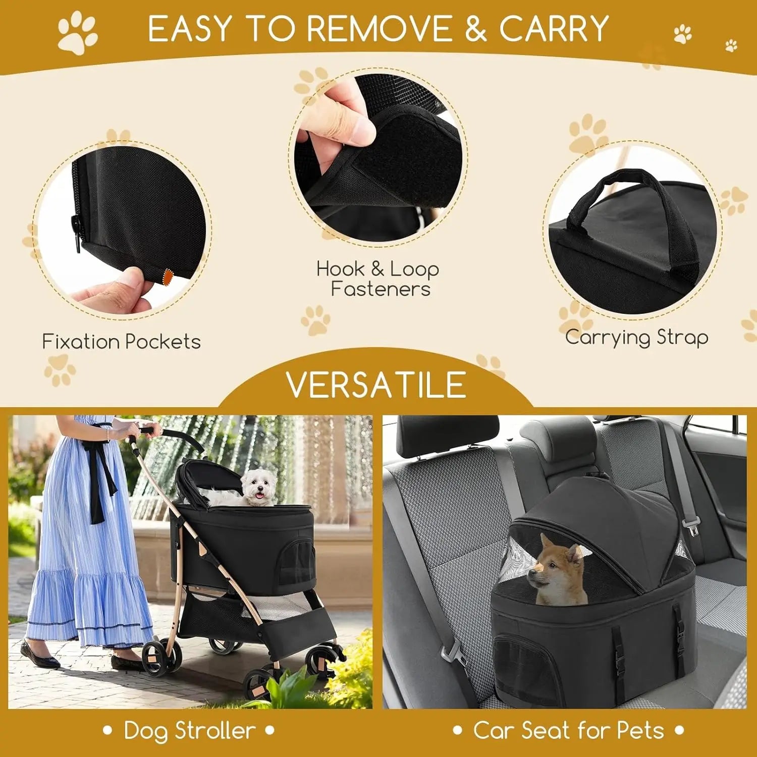 Pet Stroller Black/Rose/Gold, Detachable
