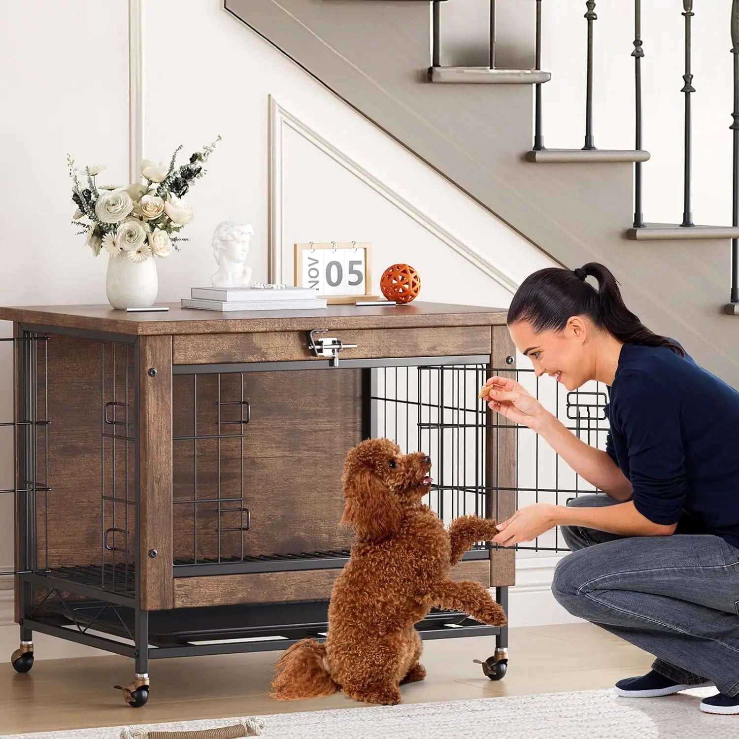 Rustic Dog Crate with Wheels
