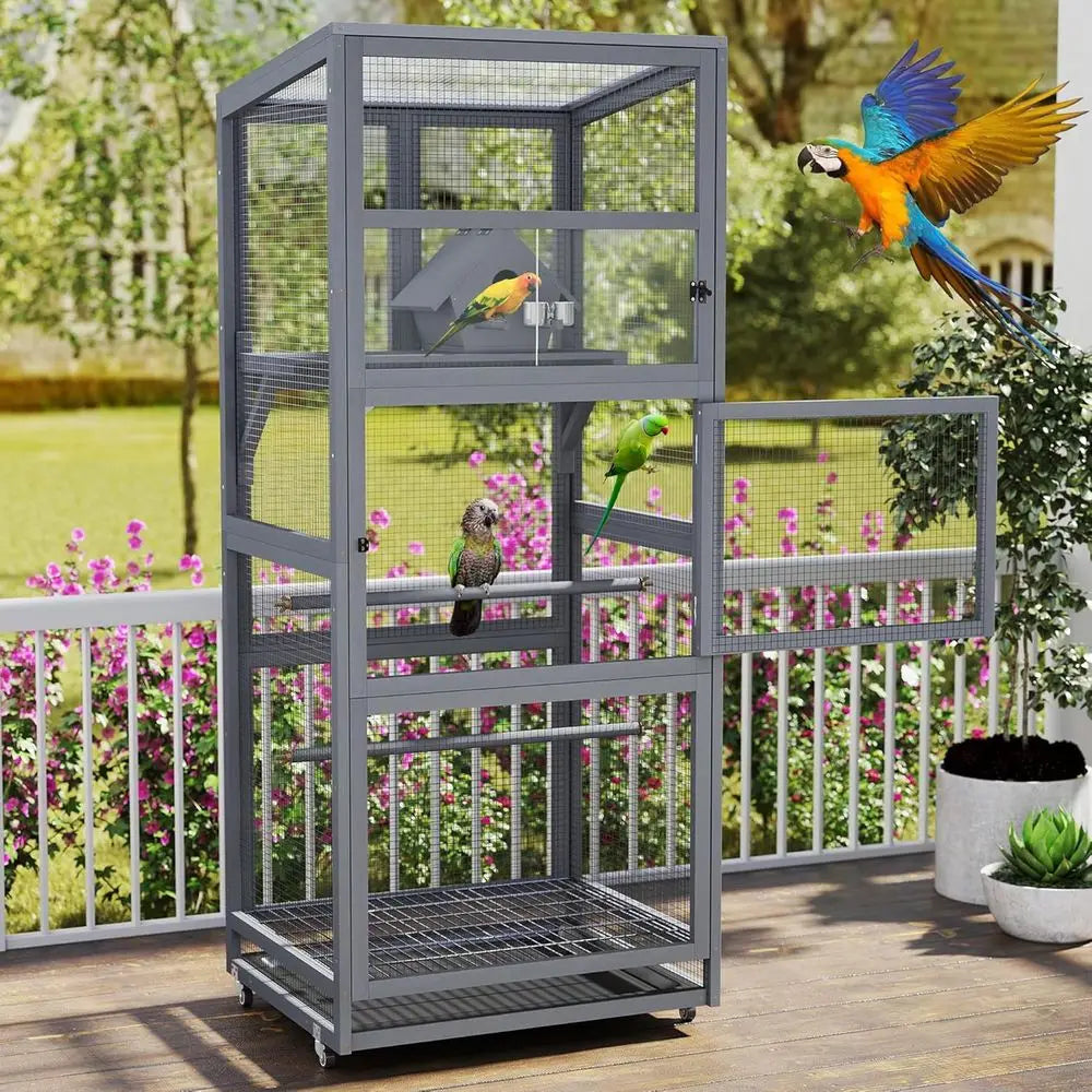 68" H L Wood Bird Cage on Wheels