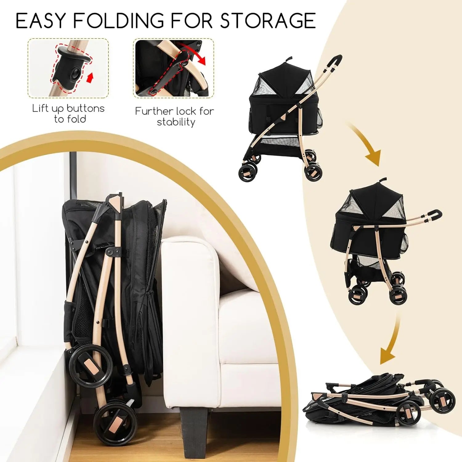 Pet Stroller Black/Rose/Gold, Detachable