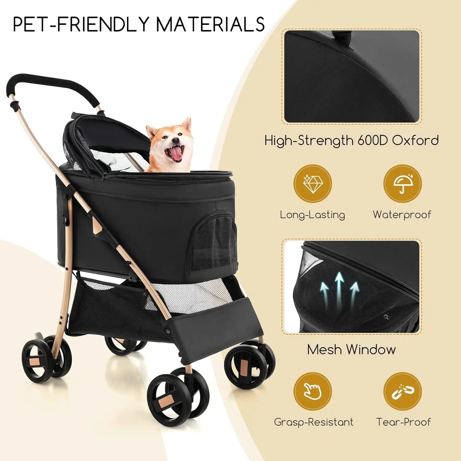 Pet Stroller Black/Rose/Gold, Detachable